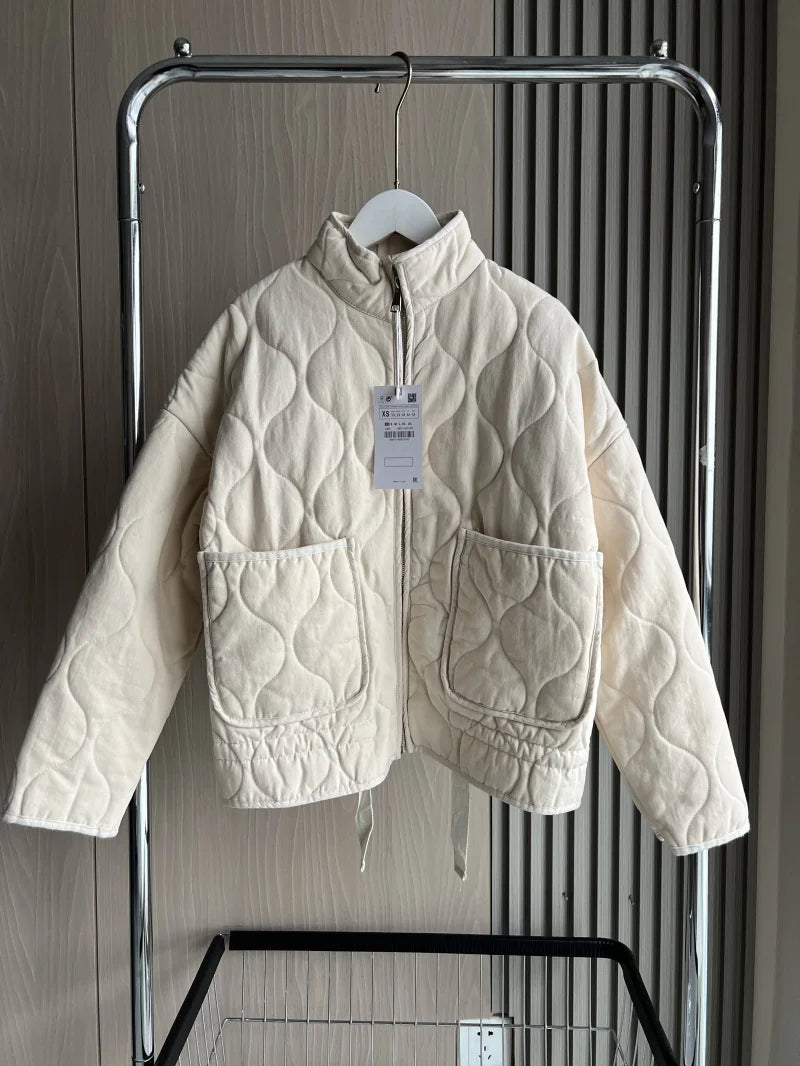 ZW Women's Cotton Jacket  2025 New Arrival Vintage Lenzing Rayon High Collar Large Pocket Decorative Quilted Coat for Women